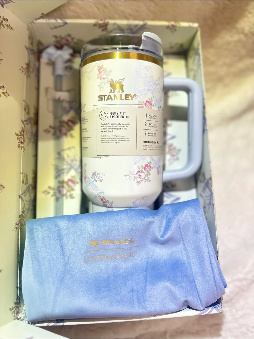 Stanley Cream Floral Gift Box with Blue Ribbon and Lavender Bows - Picture 3 of 3